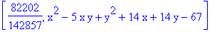 [82202/142857, x^2-5*x*y+y^2+14*x+14*y-67]